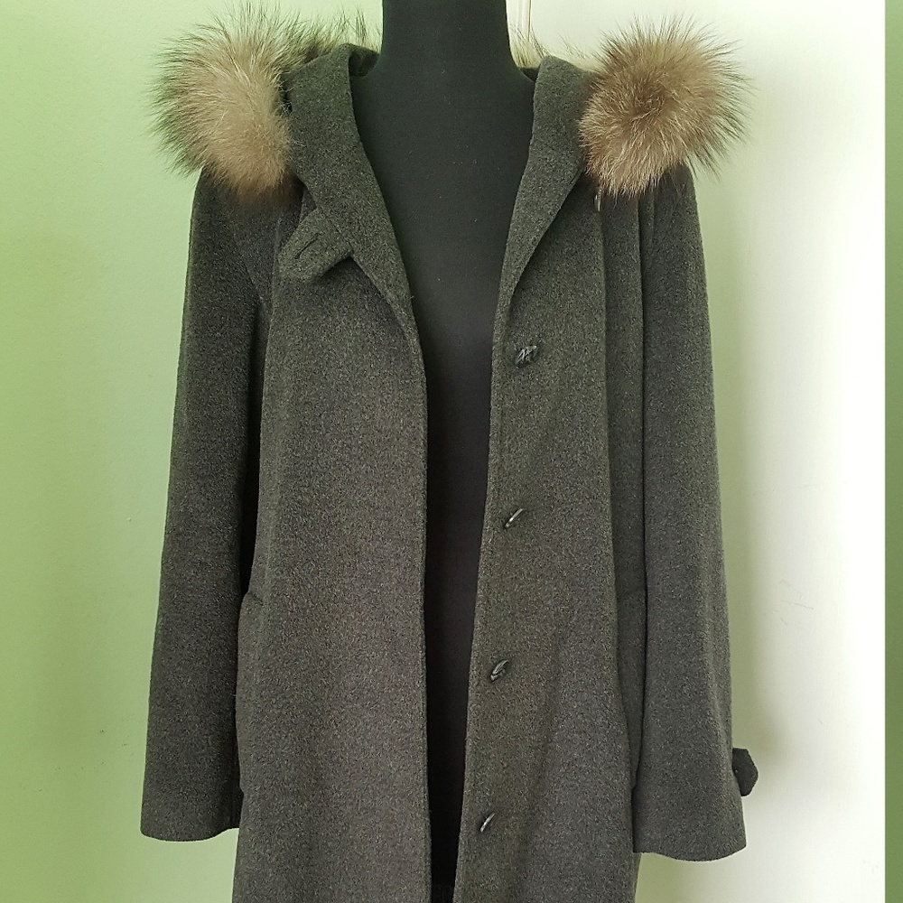 Ellen Tracy Gray Wool Coat w/ Fox Fur Trim Sz 8 - Picture 1 of 7